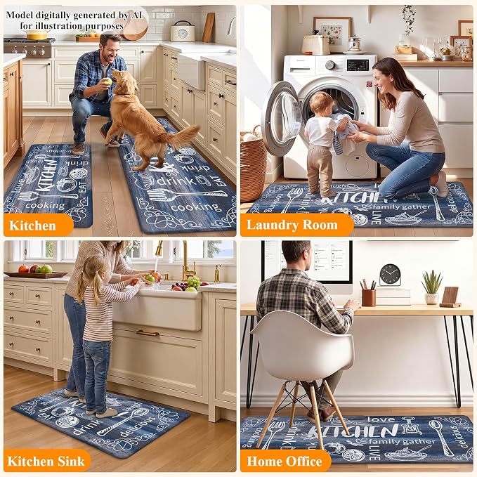 HEBE Anti Fatigue Kitchen Rugs Set of 2, Non Slip Cushioned Kitchen Mats for Floor, Waterproof Farmhouse Comfort Standing Desk Mat for Kitchen Sink,Office,Laundry