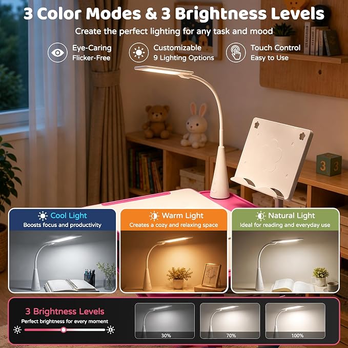 Diroan Kids Desk and Chair Set with LED Light, Height-Adjustable for Age 7+ | Ergonomic, Large 0‑45°desk, Sturdy steel frame, Storage drawer, Bookstand, Metal hook