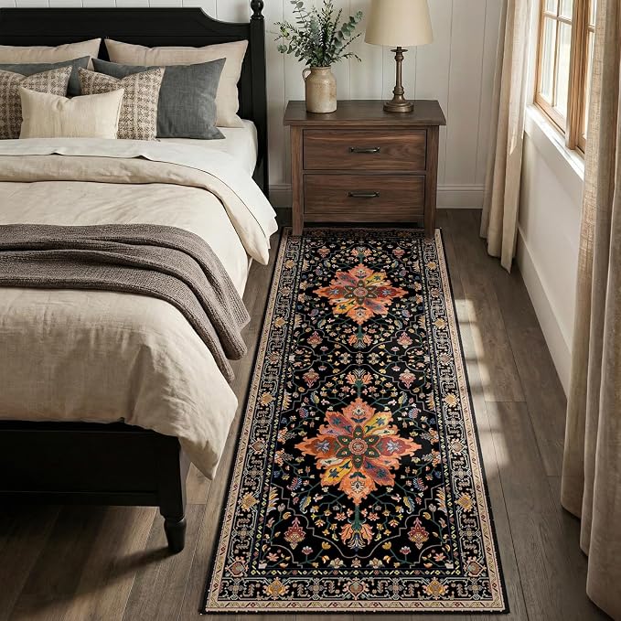 RELEANY Area Rugs Runner 2'x6' Washable Non-Slip, Floral Vintage Distress Medallion Carpet for Kitchen Hallway Bedroom Beside Laundry Room Bathroom, Black Colorful Floral Dark Tan