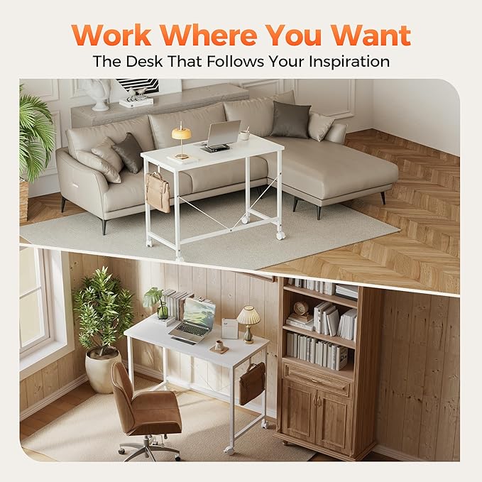 Mericonia 40 inch Rolling Computer Desk with Wheels, Gaming Desk for Small Spaces, Modern Simple Style Table for Home Office, Study Writing Table