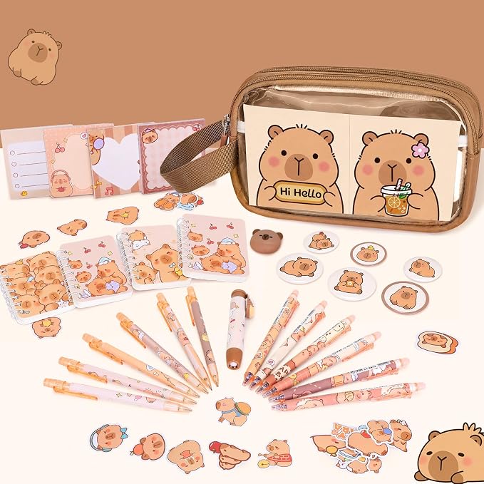 Capybara Backpack for School Girls, 30PCS Capybara Gifts School Supplies Stationery Set with Lunch Box Pencil Case Pens Pencils Notebook Cartoon for Kindergarten Elementary Student(Brown)