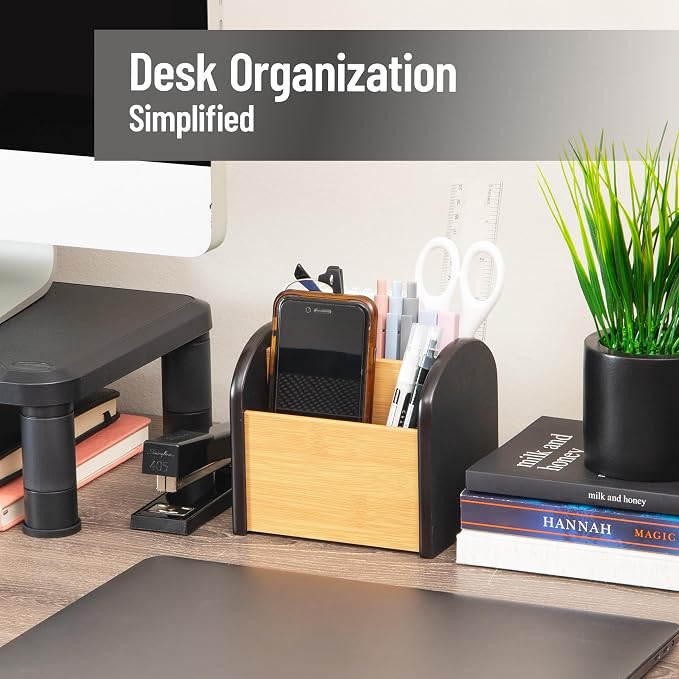 Mind Reader Desktop Organizer with 3 Compartments, Natural Wood and Matte Finish Sides, Compact Desk Storage, Wood, Black