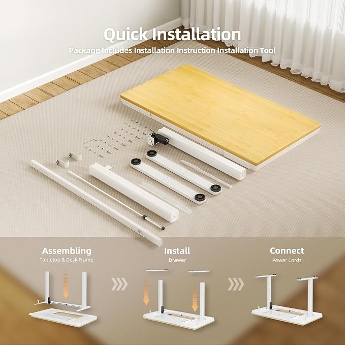 Claiks Bamboo Standing Desk with Drawers & USB Ports 48x24 Bamboo | Quick Install, Tape-C Port, USB Ports