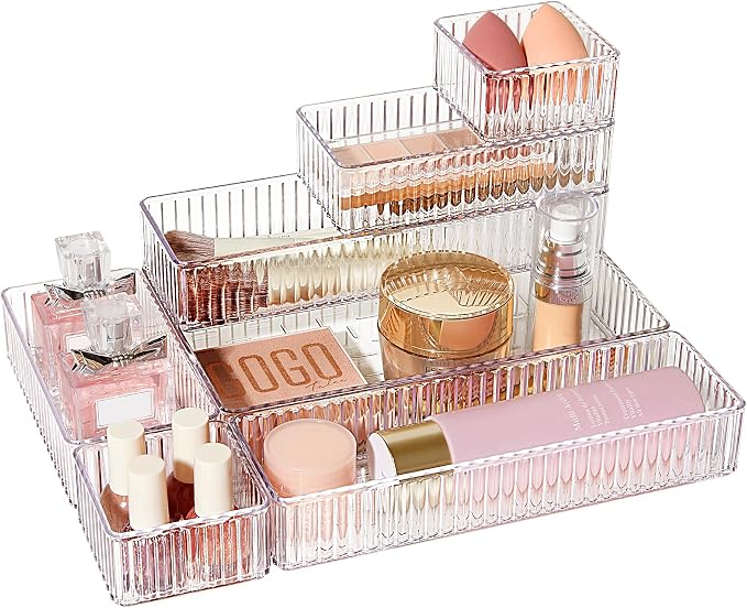 Vtopmart 7 PCS Clear Makeup Drawer Organizers Bins, 4-Size Stackable Makeup and Vanity Organizer Trays, Acrylic Bathroom Storage Containers for Cosmetic, Toiletries, Office Supply, Utensils, Gadgets | Vanity Organizer Trays for Makeup, Cosmetics, Jewel...