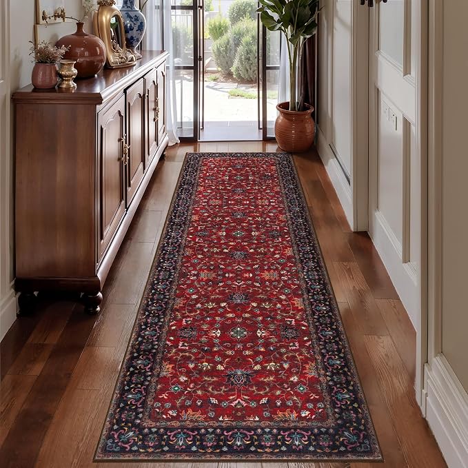 Tangsoo 2.6x10 Hallway Runner Rugs, Washable Runner Rug for Hallway Non Slip Vintage, Soft Low Pile Long Rug Runner, Print Indoor Carpet Runners for Living Room Kitchen Bedroom Entryway Red