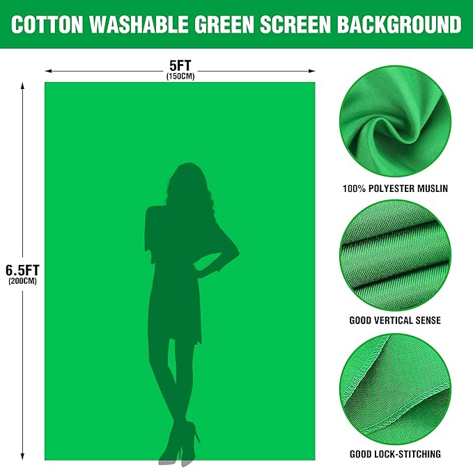 Green Screen Backdrop with Stand, 6.5x5ft Portable Greenscreen Background with Stand, T-Shape Green Screen Stand kit with 6 Spring Clamps, Sandbag, Carry Bag for Zoom, Video
