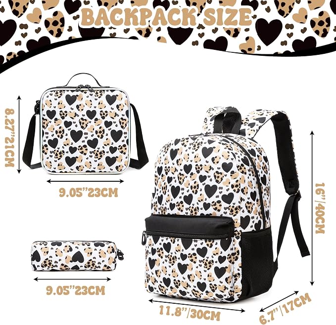 Girls Backpack for School Backpack for Girls 8-10 Kids Backpacks with Lunch Box Leopard Print Schoolbag for Kids