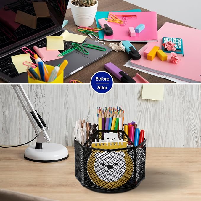Comix Mesh 360° Rotating Pen Holder, Desk Organizer for Home Office, Black | 9 Compartment Pencil Holder, Sticky Notes Holder, Pen Organizer Office Supplies