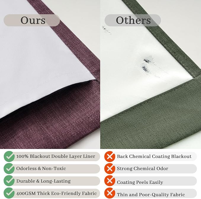 Pinch Pleated Purple Curtains 90 Inches Long 2 Panels Set for Nursery, Blackout Memory Trained Double Layer Thick Linen Blend Sound Dampening Drapes Energy Efficient Country Privacy Viral Windows Burg