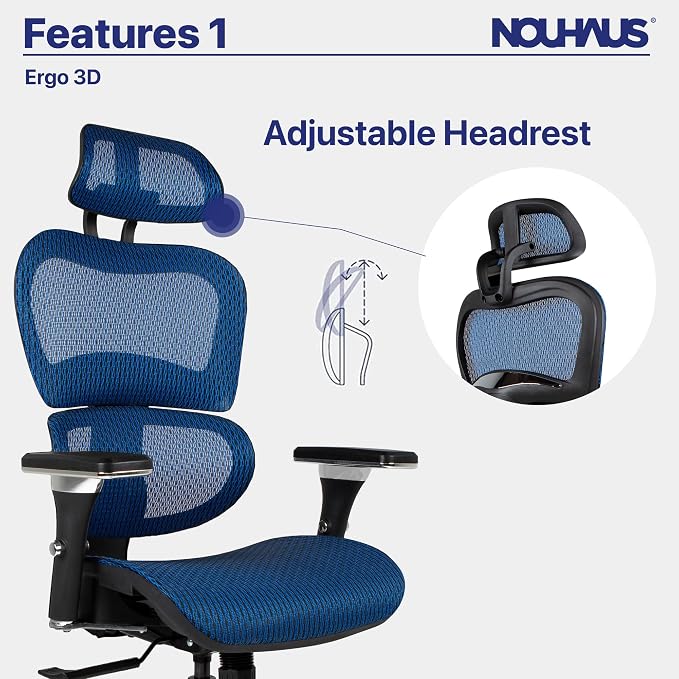 Nouhaus Ergo3D Ergonomic Office Chair Lumbar Support Mesh Office Chair with 4D Adjustable Armrest, Adjustable Headrest and Wheels, Mesh High Back Home Office Desk Chairs(Blue)