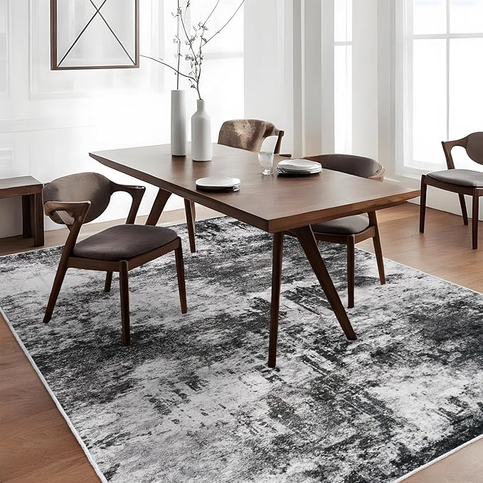 RUUGME 5x7 Abstract Area Rug: Washable Living Room Rug Non-Slip Low-Pile Indoor Carpet for Bedroom Office Nursery Modern Soft Stain Resistant Boho Thin Throw Floor Mat for Dorm Newlyweds (5x7 Black-A)