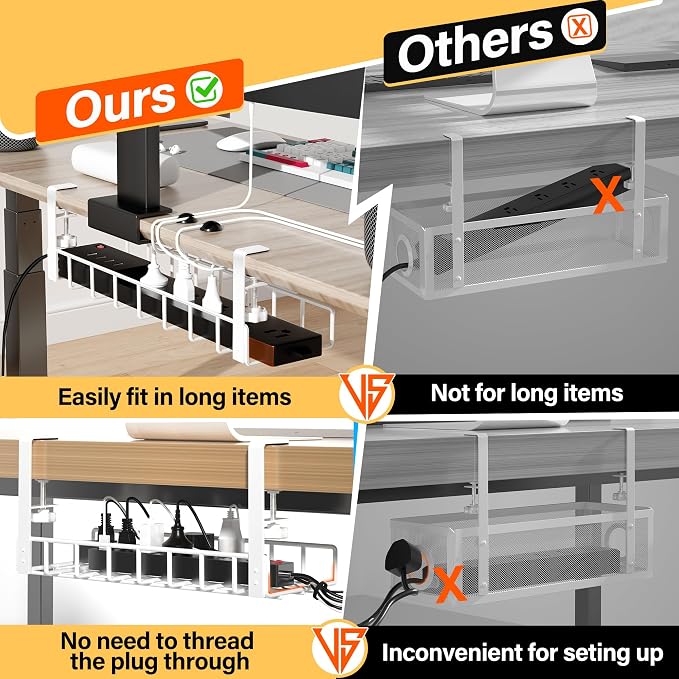 2 Pack Under Desk Tray, 31.4" No Drill Wire Management with Upgraded Clamp, Metal Cord Organizers for Desk, PC Cable Rack, White