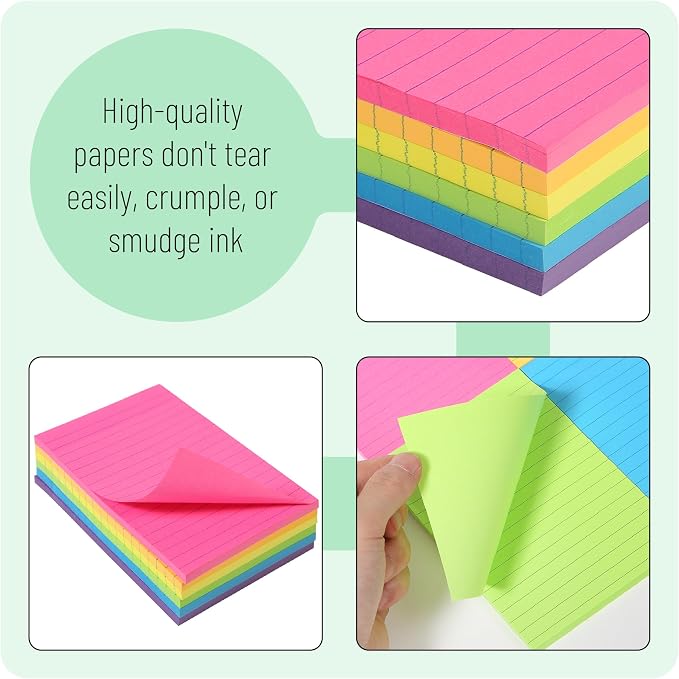 Mr. Pen- Lined Sticky Notes, 4" x 6", 6 Pads, 60 Sheets/Pad, Vibrant Color | Sticky Notes with Lines, Ruled Post Stickies, Memo Pads, Self-Stick Note Pad for Office, School, Home, Study