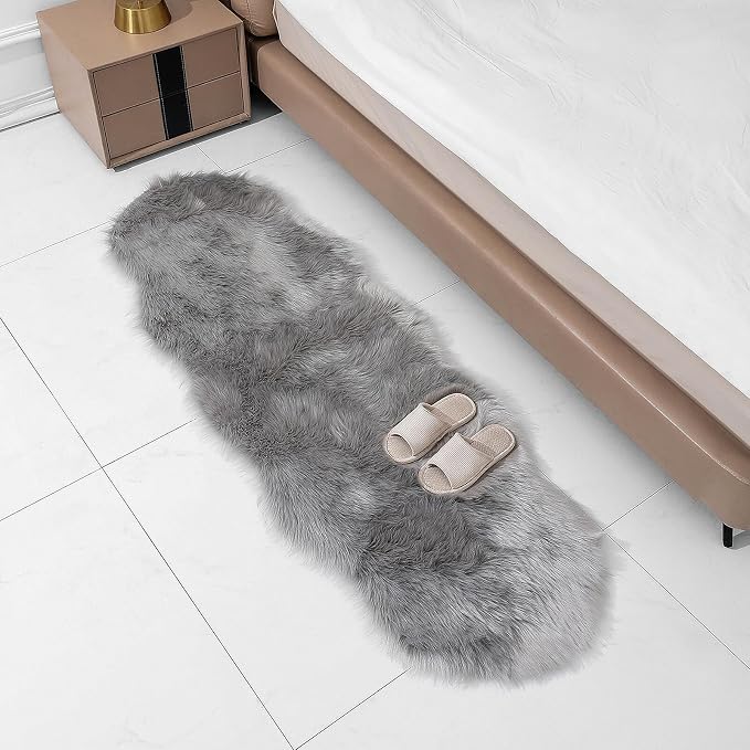 linmopm Faux Fur Sheepskin Rug, Grey, 2x6 ft Runner | Shag Fluffy Fuzzy, High-Density Cushion, For Bedroom Bedside Living Room, Plush Carpet, Sofa Cover