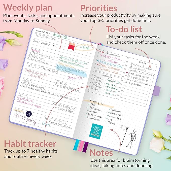 GoGirl Planner and Organizer for Women – Compact Size Weekly Planner, Goals Journal & Agenda to Improve Time Management, Productivity & Live Happier. Undated – Start Anytime, Lasts 1 Year – Lavender