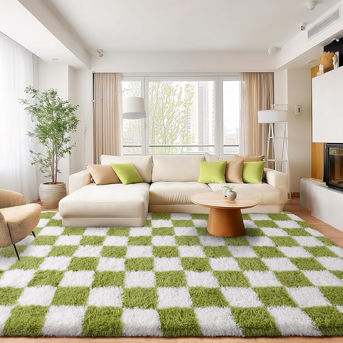 Area Rugs for Living Room 9x12, Ultra Fluffy Shag Checkered Rug Modern Washable Carpet Soft Shaggy Non Slip Indoor Plush Fuzzy Rugs for Bedroom Dorm Office Home Aesthetic Decor, Cream and Green