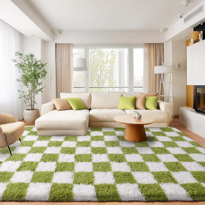 Area Rugs for Living Room 8x10, Ultra Fluffy Shag Checkered Rug Modern Washable Carpet Soft Shaggy Non Slip Indoor Plush Fuzzy Rugs for Bedroom Dorm Office Home Aesthetic Decor, Cream and Green
