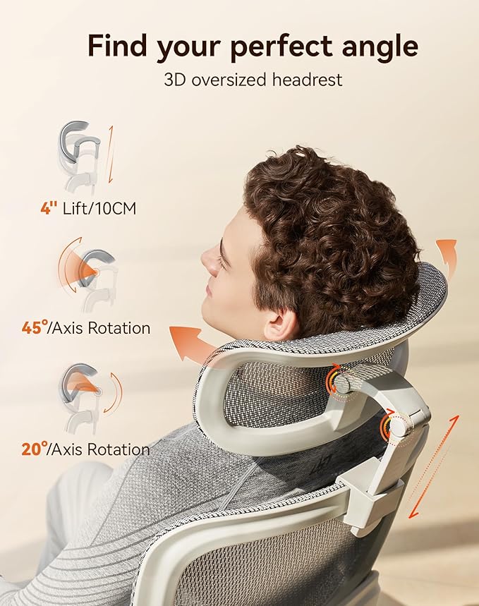 SIHOO B100 Pro Ergonomic Office Chair, Office Chair with Adaptive Lumbar Support, Computer Chair with Dual-Back, Desk Chair with 360° Rotatable & Flip-Up Armrests, 3D Wide Headrest, Light Grey