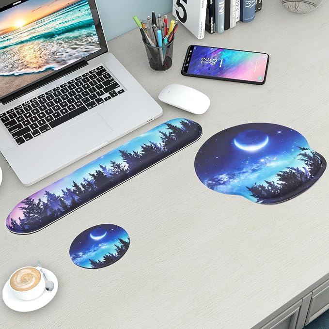 Mouse Pad and Keyboard Wrist Rest Support, with Non-Slip PU Base,Gel Mouse Pad with Coaster,Pain Relief for Gaming, Computer,Office -Forest Moon