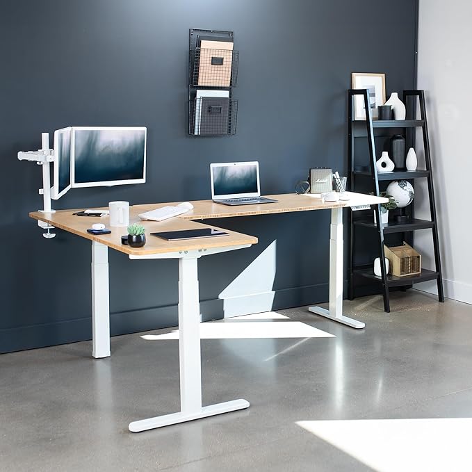 VIVO Electric Height Adjustable 83 x 60 inch Corner Stand Up Desk, 2 Solid Bamboo Table Tops, White Frame, Memory Controller, L-Shaped Workstation, 3E Series, DESK-KIT-3E8WO