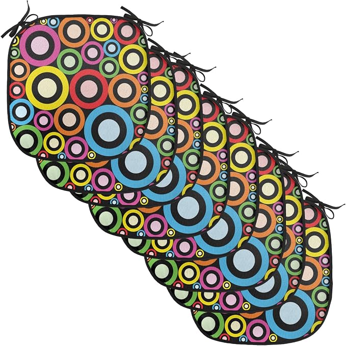 Lunarable Groovy Chair Cushion Pads Set of 8, and Funky Retro Ring Shaped Modern Art Geometric Revival Art, Anti-Slip Seat Padding for Kitchen & Patio, 16"x16", Black Multicolor