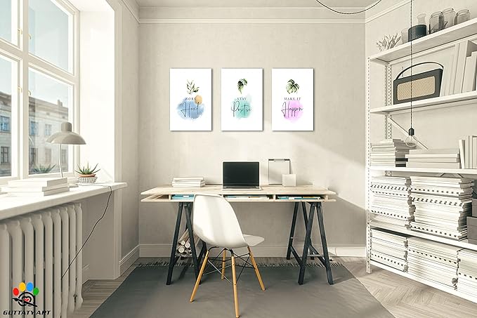 Inspirational Wall Art, Office Pictures for Wall Decor, Motivational Canvas Wall Art for Women, Work Hard - Stay Positive - Mak It Happen Quotes Poster Framed Artwork for Workplace Decor 16”x24”x3Pcs
