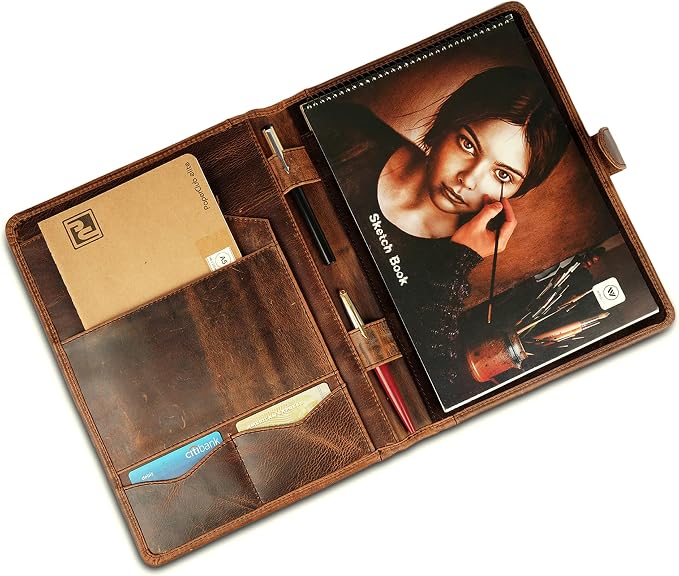 Leather Padfolio Legal Pad Portfolio Organizer | Handmade Executive Notebook Binder | Heavy Duty Full Grain Cow Hide Resume Interview Folio for Men Women, Rustic NoteBook Folder (brown)