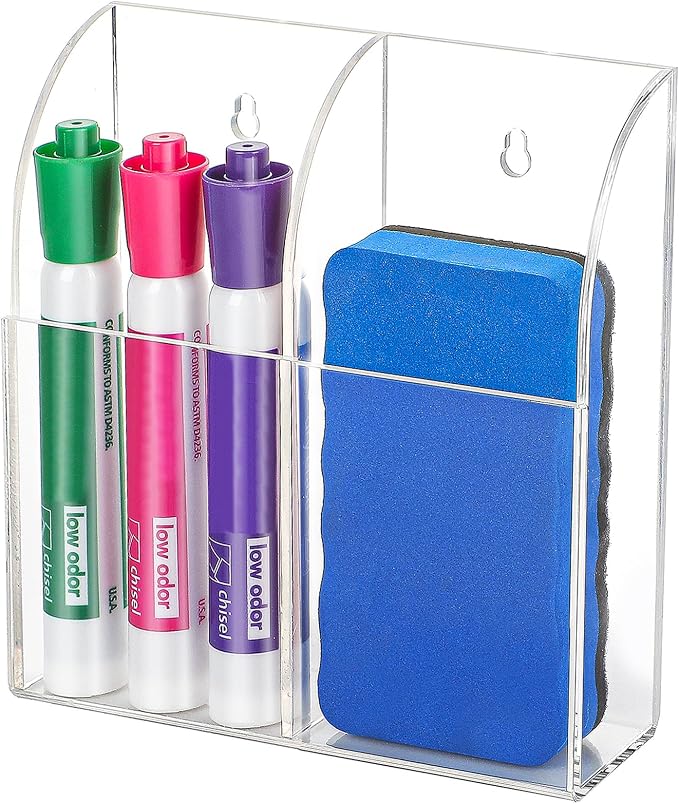 MaxGear Wall Marker Holder & Remote Control Organizer 2-Compartment | Clear Acrylic Dry Erase Board Marker & Pen Holder for Wall Mount, Includes Adhesive & Screws for Home/Office/Classroom