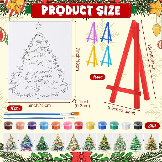 Blosssound 10 Set Pre Printed Canvas Pre Drawn Canvas Painting with Easel Kits 5" x 7" Outline Painting Panels for Beginners, DIY Craft Project, Party Favor, Home Decors (Christmas Tree)