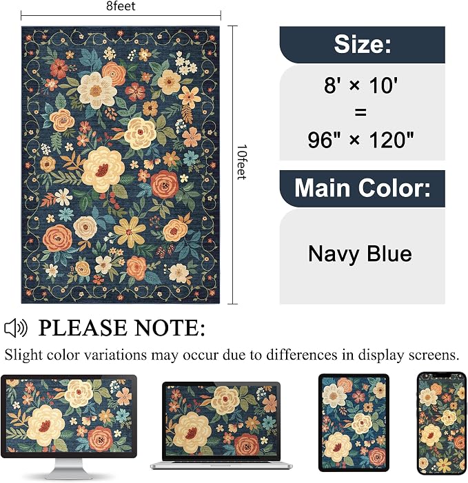 DUKINO 8x10 Area Rug, Floral Rugs for Living Room, Lightweight Non Slip Washable Rug, Indoor Low Pile & Non-Shedding Boho Design Rugs for Bedroom, Living Room, Dining Room, Dark Blue
