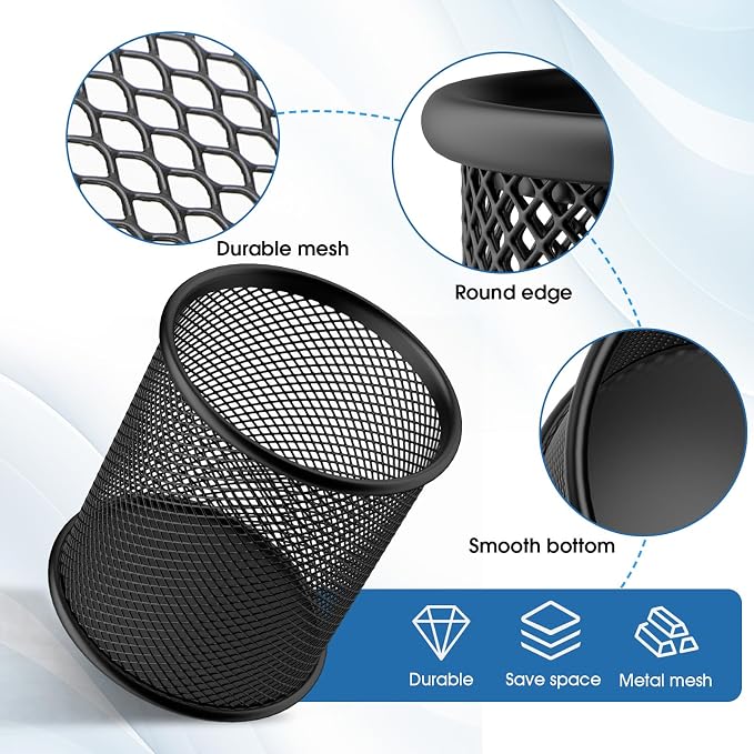 MaxGear Pen Holder for Desk 3 Pack,Mesh Metal, Non-Slip EVA Pad, 3.7’’ Tall | Black, ABS-coated, Steel Wire, Desk Accessories & Workspace Organizers, For Home School Office