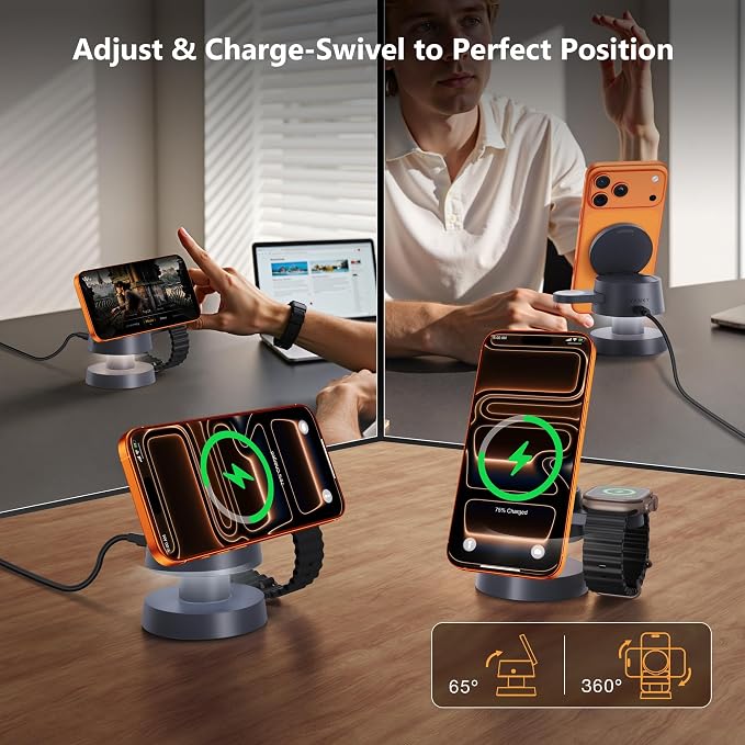 iVANKY 15W Fast 4 in 1 MagSafe Wireless Charger Station with Night Light, 3 in 1 Fast Charging Stand for iPhone 17e/17/16/15/14/13 Pro Max Air, Apple Watch, Airpods（Includes 33W Adapter） ﻿ ﻿