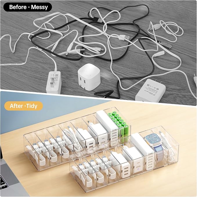FRETONBA 2 Pack Cable Storage Organizer Box with 8 Compartments, Small | Stackable Design, Adjustable Divider, Clear for Quick Access, 14 Reusable Wire Ties, Fits Drawer & Desk