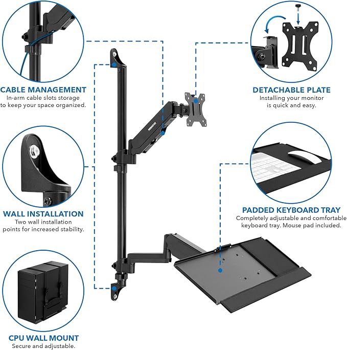 Mount-It! Single Monitor Arm Wall Mount Workstation with Keyboard Tray & CPU Holder, Height Adjustable Gas Spring Full Motion Computer Station, Fits 17–32” VESA 75x75 100x100, Black