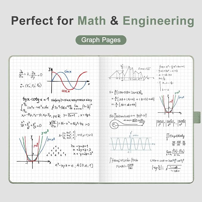 AHGXG Graph Grid Paper Notebook - 160 Pages, 120 GSM Thick Acid-Free Paper, A5 Leather Hardcover, for School, Students, Math, Engineering, 5.7'' × 8.3'' (Sage Green)