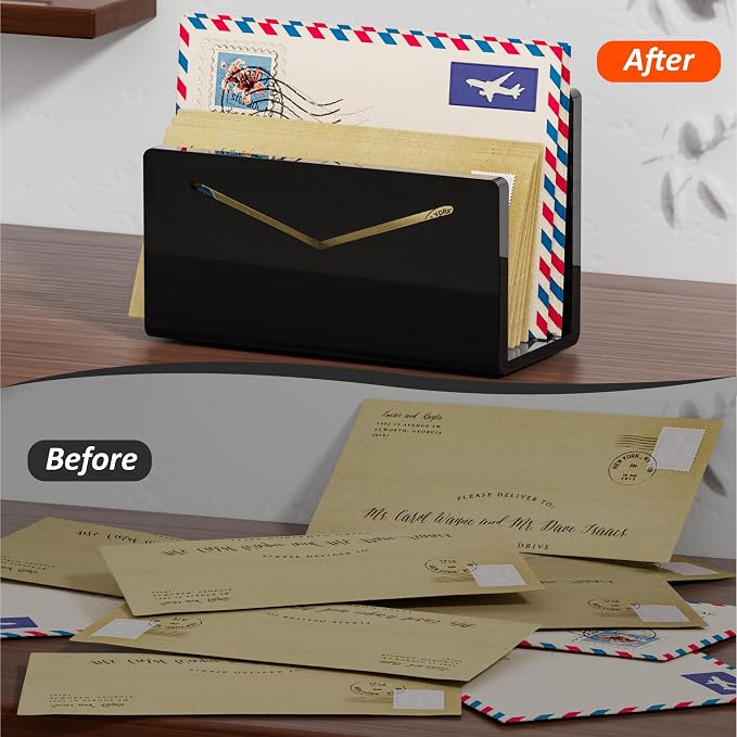 FUCDTEFC Acrylic Mail Holder, Black Acrylic File Letter Organizer, Vertical Envelope Mail Holder for Desk, Lightweight Countertop Bill Holding Sorter Letter Invoice Stand for Home Office School | Vertical, Envelope, Lightweight, Countertop, Bill Holdin...