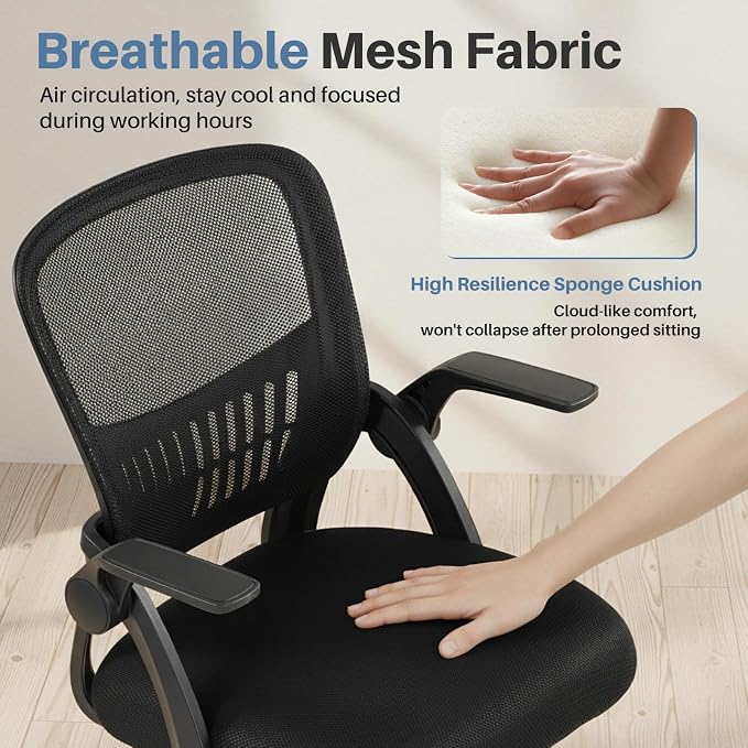 DUMOS Home Office Desk Chair - Ergonomic Computer Mesh Chair with Lumbar Support & Rocking Mode, Height Adjustable, Flip-up Armrest, for Conference, Meeting Room, 360° Swivel, Adults, Black
