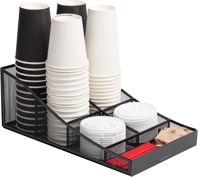 Mind Reader Cup and Condiment Station, Set of 2, Countertop Organizer, Coffee Bar, Metal Mesh, 8.5"L x 14.5"W x 5.25"H, Black