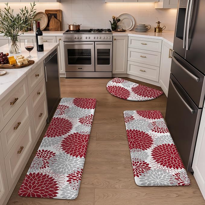 KIMODE Half Circle Anti Fatigue Mats for Kitchen Floor Rug Sets of 3 | 18"x28+18"x47"+18"x59",Red Dahlia Floral Boho,Half Round,3PCS,Non Slip,Waterproof,for Sink Office Laundry Bathroom Decor