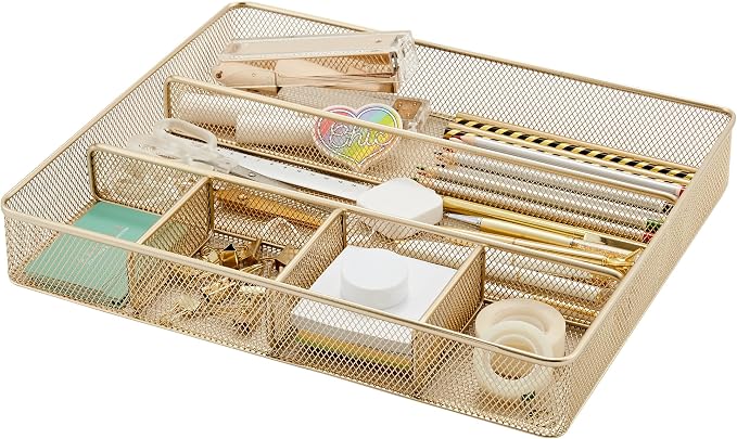 Annova Desk Top Organizer Tray for Office Organization - Metal Mesh - Storage Tray with Dividers for Pens, Desktop Accessories, Bathroom, Kitchen, Makeup and Office Supplies (Large, Gold)