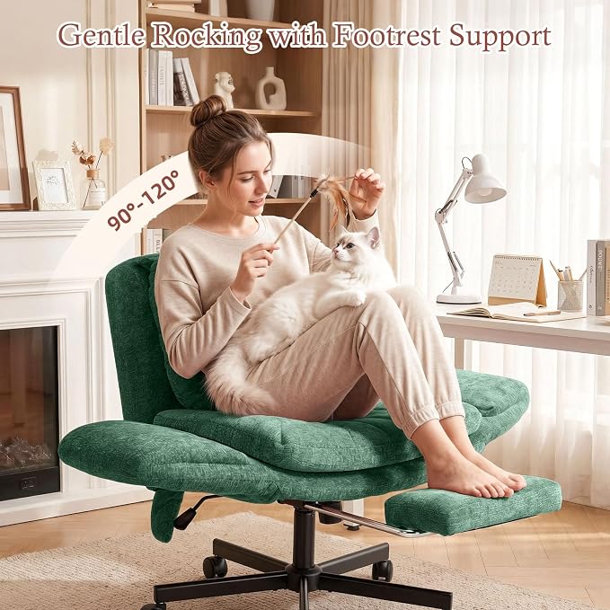 Criss Cross Office Chair with Footrest and 5-Gear Adjustable Arms, Green | Wide seat cross-legged desk chair, flip lumbar pillow, airbag support, chenille fabric, for home office vanity and meditation