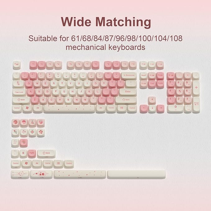 dagaladoo Cute PBT Keycaps Set,Pink Cherry Blossom,MOA Profile keycaps 60 75 100 Percent,Dye-Sub 133-key Custom Keyboard Keycap for TKL US Layout Mechanical Keyboard(only keycaps)