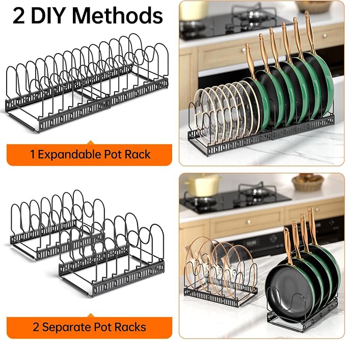 MUDEELA Expandable Pot Pan Lid Organizers inside Cabinet, 14 Divider-Black | Expandable 11.8–22.9", 14 Adjustable Divider, Tool-Free Assembly, Non-Slip, Scratch-Proof, For Pan Lid Cutting Board Bakeware