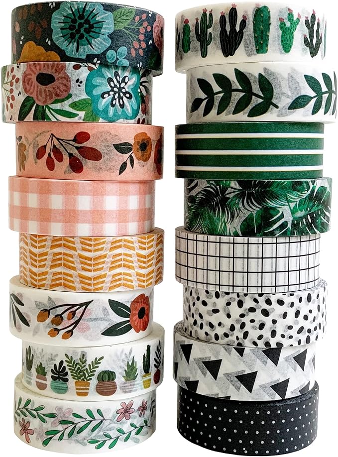ZYNSHE Washi Tape Set of 16 Rolls of 15 mm Wide Cute Decorative Washi Tape for Journaling, Scrapbook, Washy Crafts, Bullet Journals, Planners, DIY Décor, Gift Wrapping, Craft Supplies (Meadow)