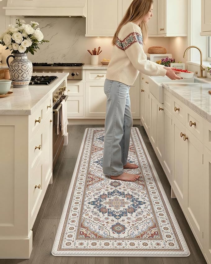 Color&Geometry Kitchen Floor Mat 24x59 Faded Vintage Anti Fatigue, Oatmeal | 0.4in Cushion Standing Mat For Cooking/Working/Laundry, Boho Decor, Non Slip PVC Kitchen Rug, Oil/Water Proof, Anti Slip