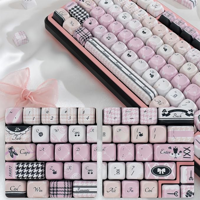 Black Pink Cute Keycaps,MOA Pofile Swan-Theme Custom Keycap Dye Sublimation PBT Keycaps 131 Keys Full Size Keycap Set for Cherry MX Switches 60% 75% 100% Mechanical Gaming Keyboard
