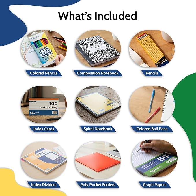 EPI Essentials Back to School Supplies for Kids 6th-12th Grade – 51 Items in Kit – Middle to High School Supply Packs – College-Ruled Bundle with Composition Notebooks – Suitable for Homeschooling