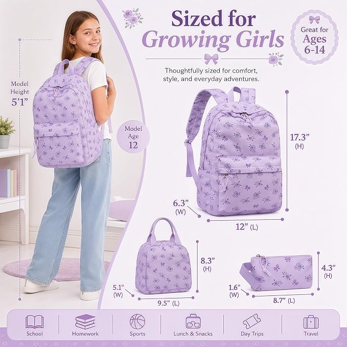 LEDAOU Kids Backpack for Girls Backpacks with Lunch Box, Lightweight Bookbag Set Elementary Middle School Back pack for 8-14