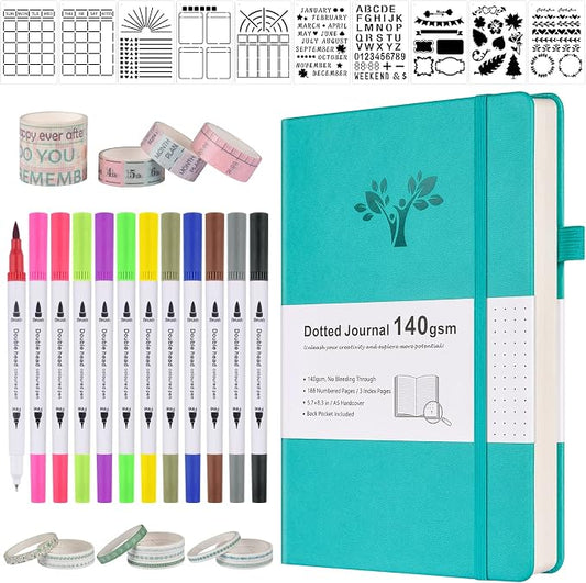 Bullet Dotted Journal Kit, 140gsm Hardcover A5 Dotted Journal with 188 Numbered Pages＆3 Index, 12 Brush Pens Dual Tip, 10 Stencils＆14 Washi Tape, Journaling Supplies for Scrapbooking Lovers, Teal