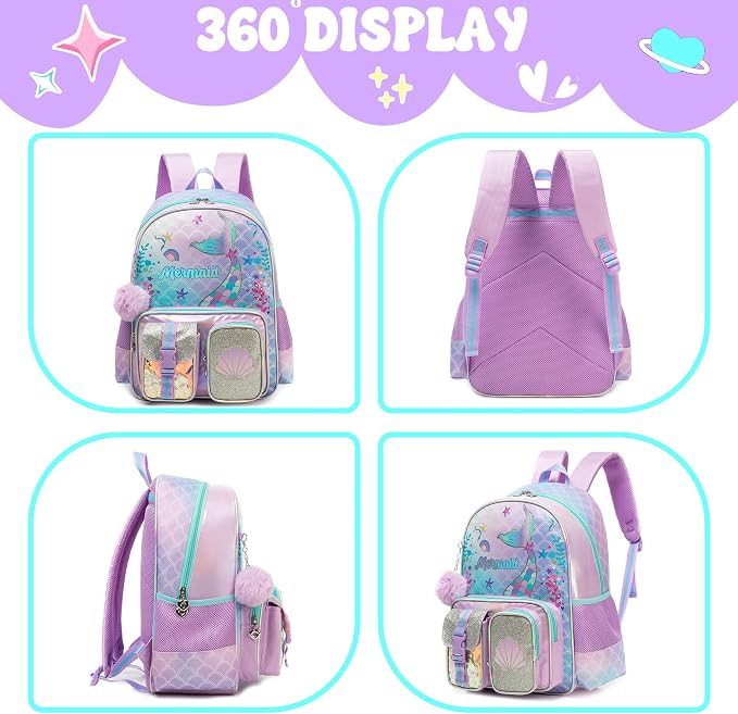 Meetbelify Mermaid Backpack for Girls Backpacks with Lunch Box Pencil Case for Elementary Student Kids School Travel Bag for Girls Ages 6-8 Years Old